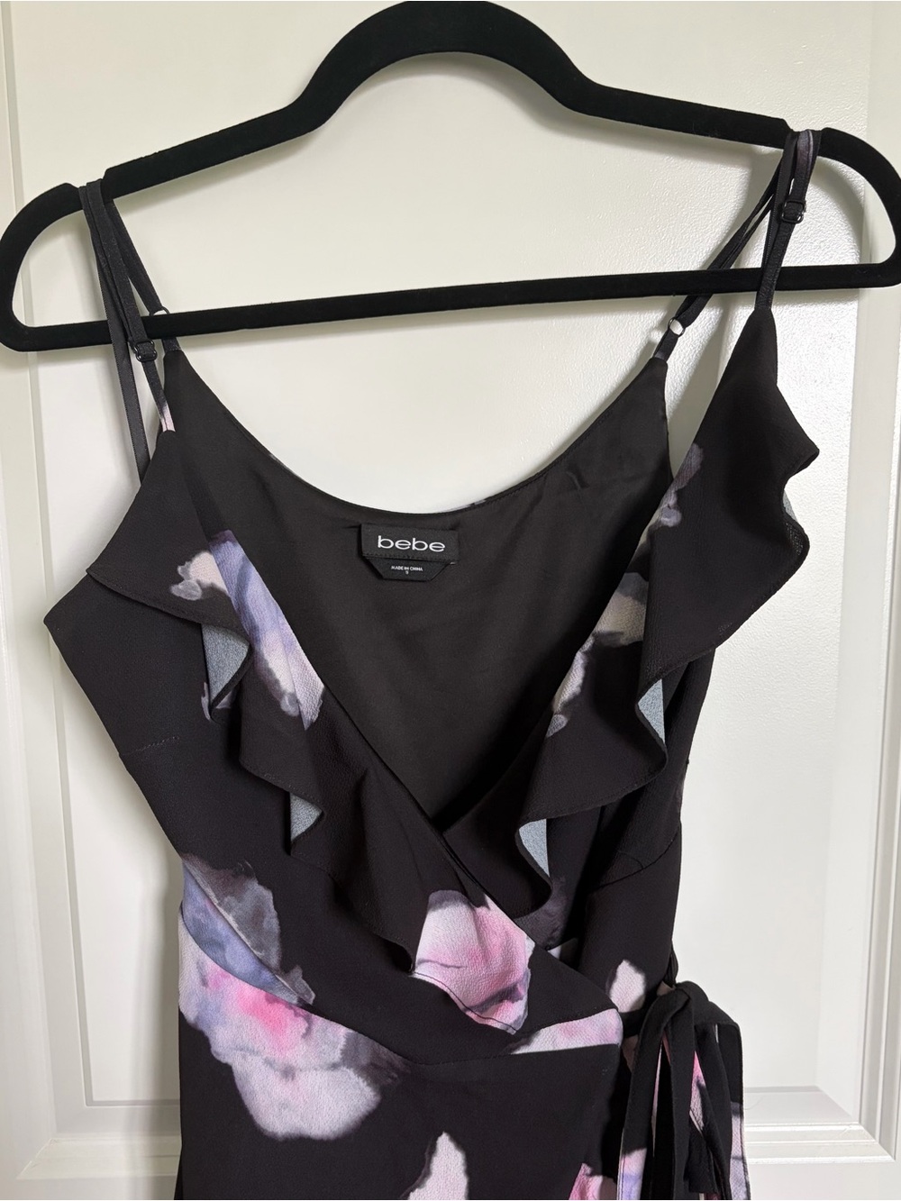 bebe Black Floral Ruffle Wrap Dress with Pink & Lavender Accents - Picture 1 of 5